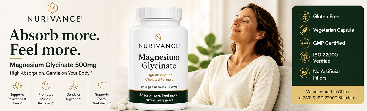 Nurivance Magnesium Glycinate bottle with benefit callouts